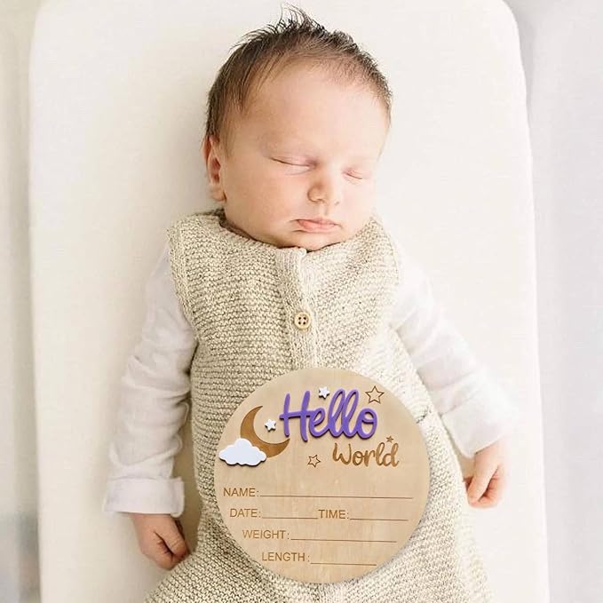Baby Announcement Sign, 5.9 Inch Wooden Hello World Newborn Signs, Birth Announcement Sign and Pen, Moon and White Cloud Decoration, Welcome Newborn Arrival to World, Hospital Nursery for baby (Purple)