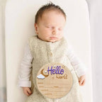 Baby Announcement Sign, 5.9 Inch Wooden Hello World Newborn Signs, Birth Announcement Sign and Pen, Moon and White Cloud Decoration, Welcome Newborn Arrival to World, Hospital Nursery for baby (Purple)