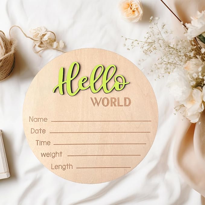 Baby Announcement Sign, 5.9 Inch Wooden Hello World Newborn Signs, Birth Announcement Sign, Baby Shower Hospital Nursery for Newborn Boys and Girls (Wilderness Green)