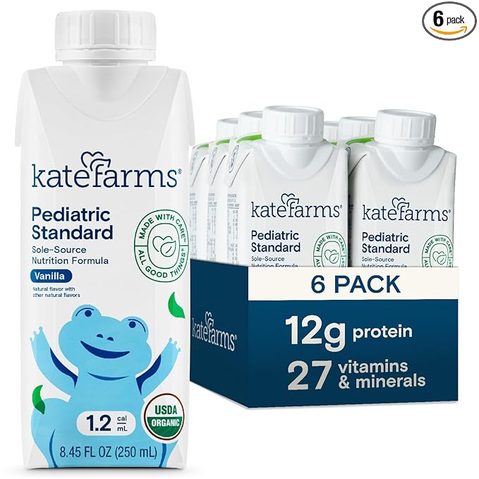 KATE FARMS Organic Pediatric 1.2 High Calorie Vanilla Nutrition Shake, 12g Protein, 27 Vitamins and Minerals, Meal Replacement, 8.45 oz (6 pack)