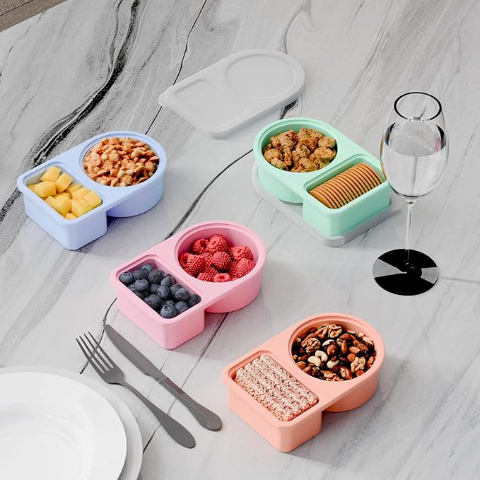 5 Pack Silicone Snack Containers, 2 Compartments Reusable Snackle Box with Lids, 8 oz, Rainbow