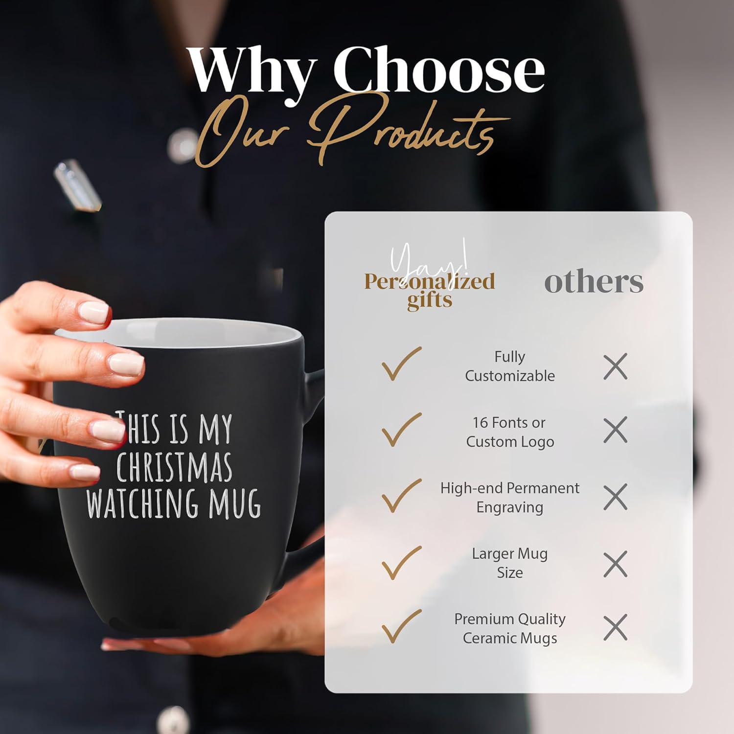 Personalized Coffee Mug Engraved with your Custom Text - Customized Coffee Mugs, Hot Chocolate Mug, Tea Cup, Birthday Gifts, Retirement Gift (Engraved Custom Text, Matte Black)