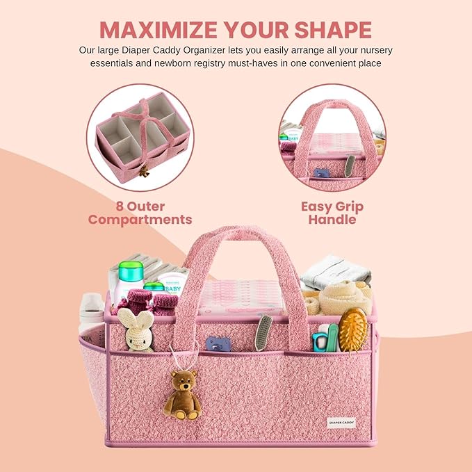 Large Diaper Caddy Organizer with Dividers - Baby Basket for Nursery and Changing Table - Portable Storage with Strong Handles for Diapers, Wipes and Newborn Essentials