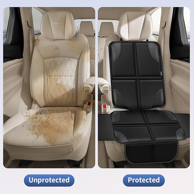 Car Seat Protector, Child Carseat Covers, Protector Car Seat for Baby with Thickest Padded and Non-Slip Waterproof Backing Mesh Pockets for Kids Pets-2 Pack