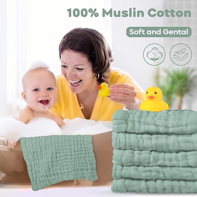 Yoofoss Muslin Baby Washcloths 100% Organic Cotton Face Towels 10 Pack Wash Cloths for Baby 12x12in Soft and Absorbent Baby Wipes (Dark Green)