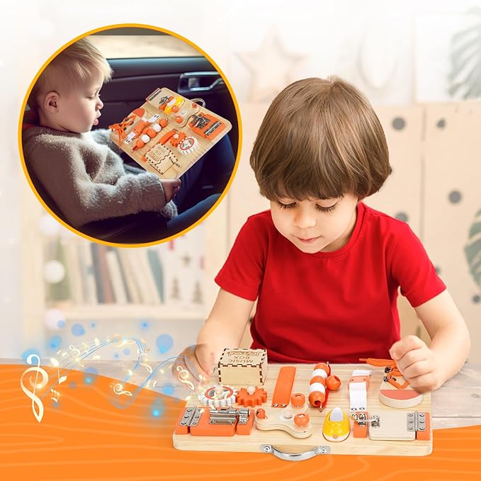 Joyreal Wooden Busy Board for Toddlers - Montessori Sensory Activity Board for Fine Motor Skills, Educational Travel Sensory Toys for Children Toddlers & Kids