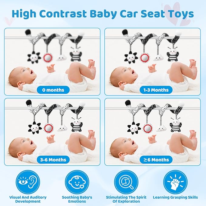 Car Seat Toys Hanging and Stroller Toys for Babies 0-6 Months，High Contrast Baby Toys for Newborn 0 3 Months Brain Development,Black and White Baby Toys for Crib Mobile，Infant Ideal Gift