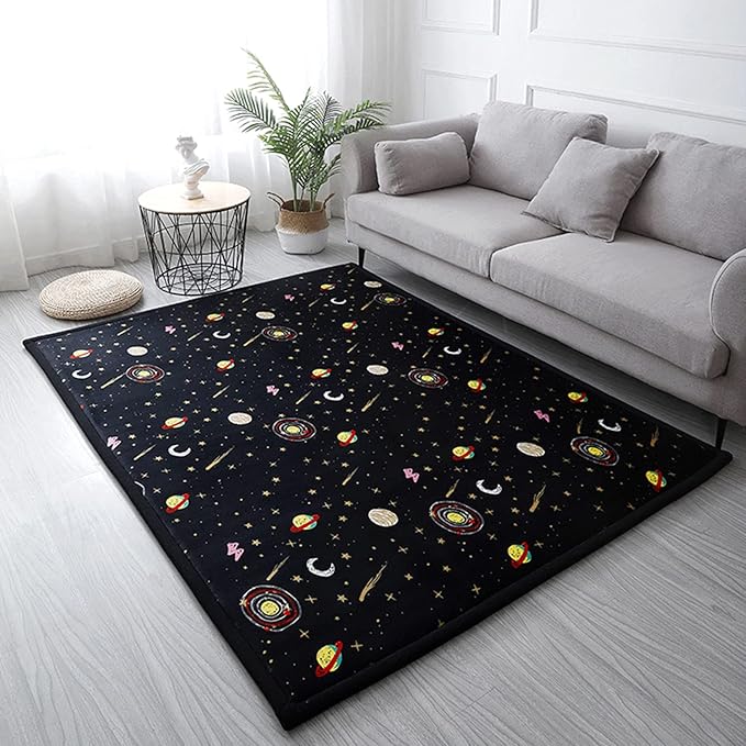 Loartee Coral Velvet Area Rug - 1" Thick Memory Foam Baby Play Mat, Washable Toddler Carpet, Home Decor for Living Room, Nursery, Kids Bedroom, Astral Black, 6'7"x6'7"