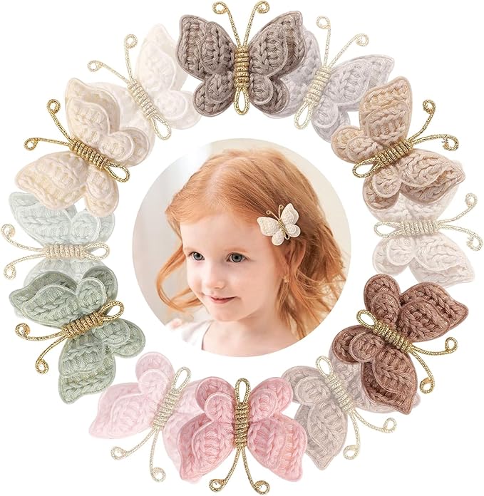 12 Pcs Butterfly Hair Bow Girl, Beige Kid's Cute Hair Clips Barrettes Accessories for Infants Toddlers Baby Kids Fine Hair