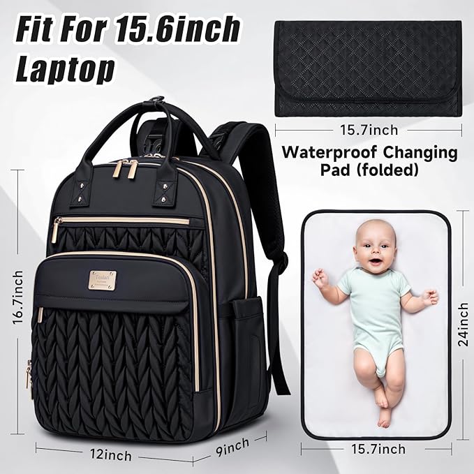 Diaper Bag Backpack,Stylish Baby Diaper Bag,Waterproof Travel Diaper Backpacks Baby Bags with Changing Pad,Stroller Straps,Insulated Pockets (Black)