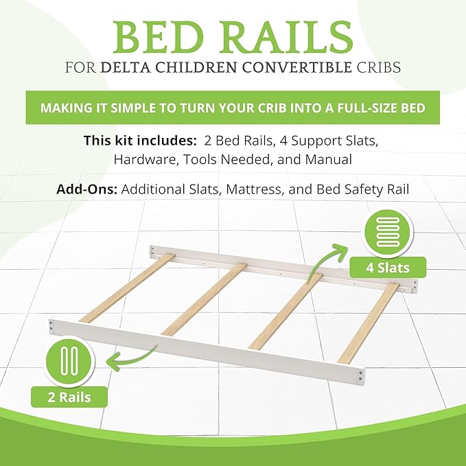 Full-Size Conversion Kit Bed Rails Compatible with Delta Children Convertible Cribs - Solid Wood Rail #0050 - Toddler and Adult Bed Rail for Full-Size Beds - Baby Furniture (Bianca White - 130)