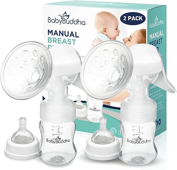 BabyBuddha Manual Breast Pump, Single Hand Expression Breastmilk Pump, Cordless and Portable, No Batteries or Power Needed, Soft Silicone Massage Cushion, BPA Free, Quiet, Dishwasher Safe, 2 Pack