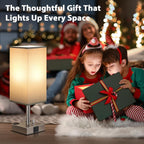 Grey Fully Dimmable Nightstand Lamps Set of 2 - Table Bedside Lamp with USB C+A Charging Ports & 2 AC Outlets, Square Lamp Sets Linen Fabric Shade for Bedroom Living Room(Bulb Included)