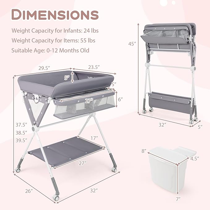 BABY JOY Portable Baby Changing Table, Foldable Diaper Changing Station with Wheels, Adjustable Height, Large Storage Rack, Trash Can, Mobile Nursery Organizer for Newborn Infant (Gray)