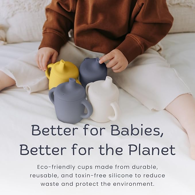 Silicone Sippy Cups with Easy Grip Transition Handles and a Soft Spout. A Non Toxic No Spill Unbreakable Training Cup 150ml/5oz |2-PACK Midnight Blue and Canary|