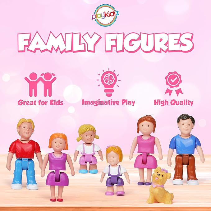 Playkidz Family Figures - Set of 7 Small Toy People for Dollhouse Play, Includes Parents, Sibling, and Pet - Doll House Accessories for Children
