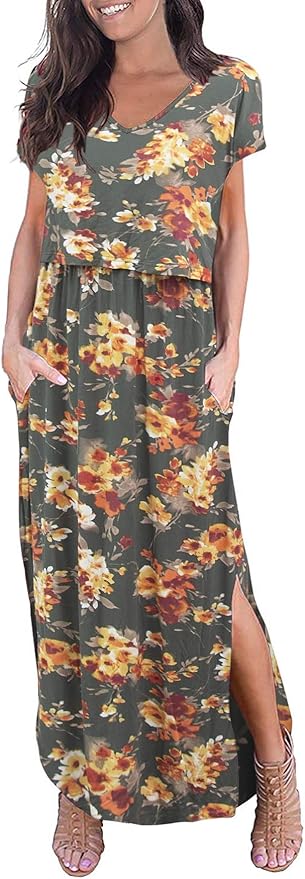 Smallshow Women's Maternity Nursing Dresses Split Long Dress for Breastfeeding