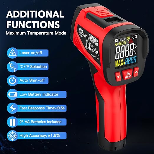 Infrared Thermometer Gun - TEMIRUP Non-Contact Digital Laser Temperature Gun with Color LCD Display for Cooking, Griddle, Engine, HVAC, IR Temp Gun with Adjustable Emissivity,-40℉~1202℉(-40℃~650℃)