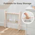 Comfy Cubs Wooden Baby Play Gym - Natural Finish Pinewood Baby Activity Gym with 5 Sensory Hanging Toys - Easy No-Tool Assembly, Safe and Durable for Infant Motor and Visual Development - Blush