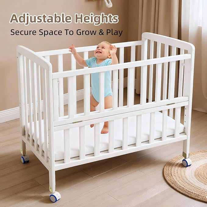 Baby Bassinets Bedside Sleeper - Portable Pine Wood Bedside Bassinet,6 Heights Small Mini Crib with Mattress,Space-Saving Design Baby Crib for Newborns 0-12 Months,White