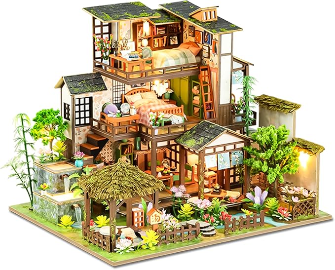 Spilay Miniature Dollhouse Miniature House Kit,DIY Kit Mini Modern Villa Model with Music Box ，Best Christmas Birthday Gift.(Bamboo Spring Courtyard)