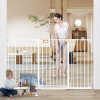owlie 37.4" Extra Tall Wide Baby Gate for Stairs Doorways,57-66 Inch Extra Large Long Baby Gate with Door Indoor Safety Metal Pressure Mounted Pet Gate with Walk-Thru Auto Close, White