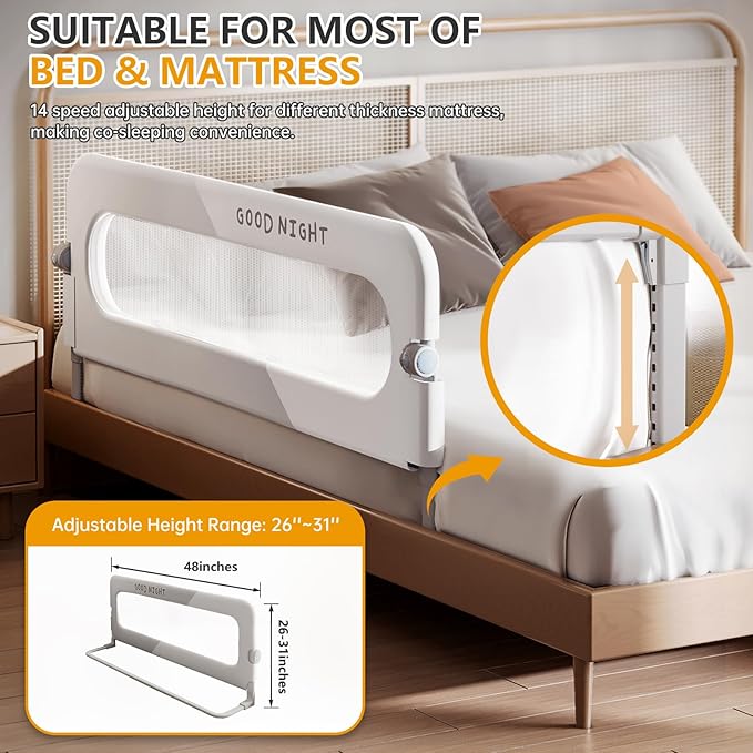 Foldable Toddler Bed Rails - Kids Guard Bumper for Crib Safe Bed Side Rail for Twin Queen King Full Size Beds（48inch）
