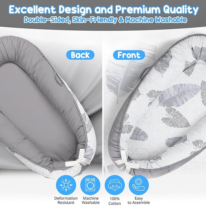 Baby Lounger - Baby Lounger for Newborn 0-24 Months, Breathable, Soft Cotton Baby Nest, Portable Infant Lounger for Home & Travel, Newborn Essentials Gift (Grey Leaf)
