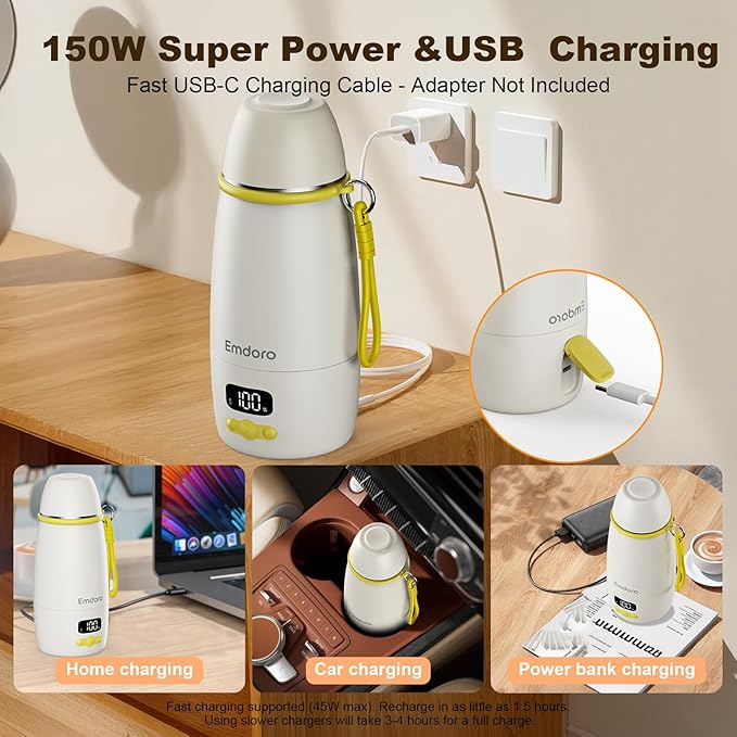 Portable Bottle Warmer for Travel, 212℉ Boil & 149℉ Pasteurization, 17.5oz Milk Warmer for Baby with Temp Control, 16000mAh Bottle Warmer On The Go, Portable Milk and Water Warmer