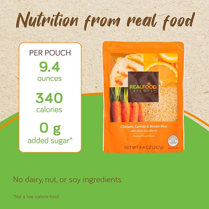 Real Food Blends Chicken, Carrots & Brown Rice - Pureed Food Meals for Tube Feeding with Protein, Vegetables & Fruits - 340 Calories for Lunch & Dinner - 9.4 oz (Pack of 12)