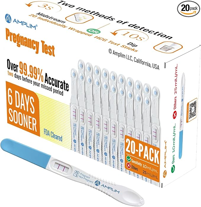 Amplim Early Detection Pregnancy Test Sticks 20 Pack, 99.99% Accurate, Sensitive Midstream Home Urine Test Kit for Women ept, 2-Sec Reliable Results 6 Days Sooner, 10 MIU/mL HCG