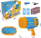 Bubble Gun Bazooka Machine with Solution - 69 Holes Blaster for Outdoor Summer Toy, Party Favors - Blue Bubble Maker Blowers for Kids