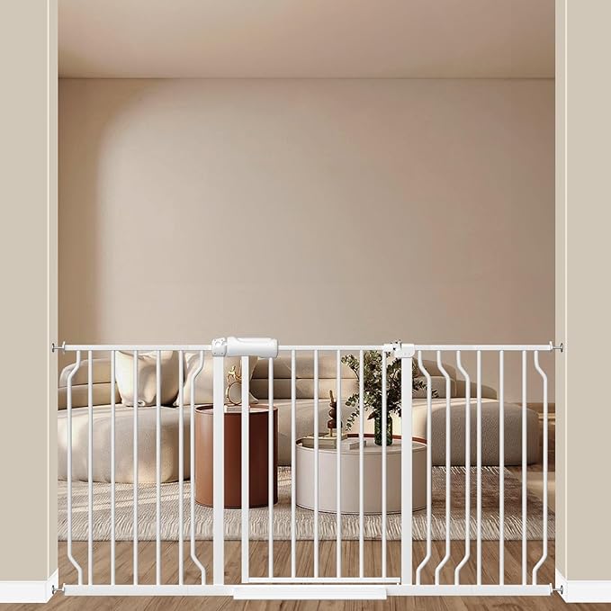 ALLAIBB Extra Wide Pressure Mount Baby Gate Auto Close White Metal Child Dog Pet Safety Gates with Walk Through for Stairs,Doorways,Kitchen and Living Room (52.76-62.2"/134-158cm)