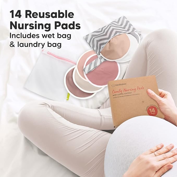 Organic Nursing Pads - 14 Washable Viscose Derived from Bamboo Breastfeeding Pads, Wash Bag, Reusable Breast Pads for Breastfeeding, Nipple Pads for Breastfeeding Essentials (Lovelle, M 3.9")