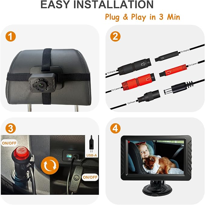 Night Vision Baby Car Camera, 5" HD 1080P IPS Display with 3X Zoom & 360° Adjustment - USB/Cigarette Lighter Powered, HD Backseat Baby Monitor for Rear Facing Infant Safety in Cars/Trucks/SUVs