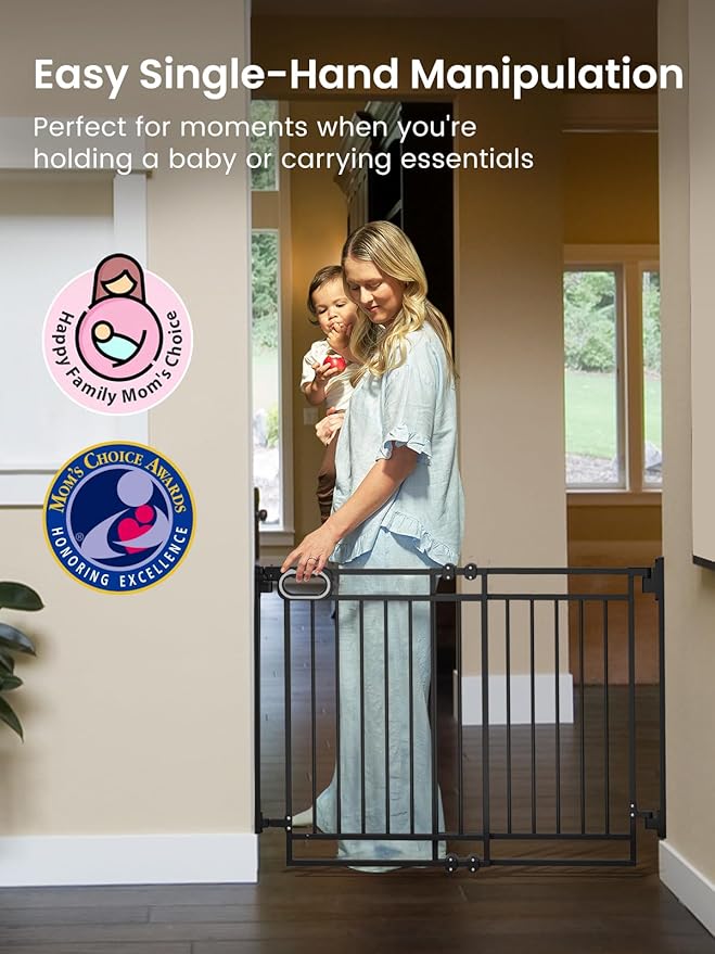 Grownsy No Bottom Bar Baby Gate for Stairs, Adjustable Width 29.8” to 43.5” for Child and Pet, Dog Gate with Auto-Close & Walk Through, Hardware-Mounted Install for Doorways and Indoor Use,Black