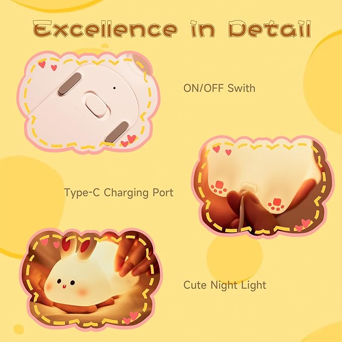 Big Face Rabbit Night Light, Adorable LED Bunny Night Lamp, Silicone Dimmable Nursery Nightlight for Girls, Silicone Rechargeable Bedside Touch Night Lights for Easter Decor