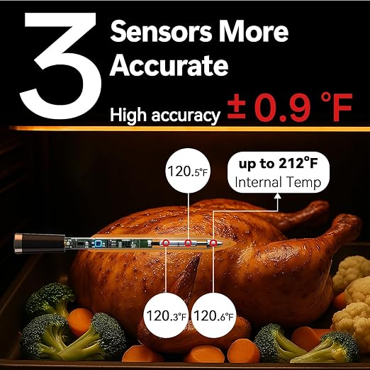 BFOUR 524FT Meat Thermometer Digital Wireless with Smart App, Bluetooth Smoker Cooking Thermometer with LCD Booster, IP67 Waterproof & 752°F Heat Resistance 2 Meat Probes for Food Grill Oven and BBQ