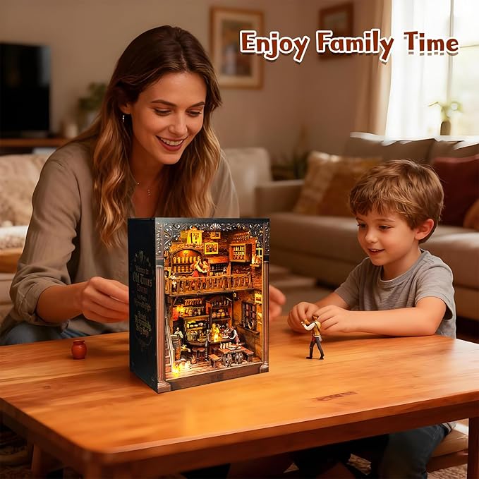 DIY Miniature House Kit, Book Nook Kit, 3D Wooden Puzzles Bookshelf Craft Kits, Dollhouse Kit with LED Light, Mini Building Kit for Adults Teen to Build (Old Time Tavern)