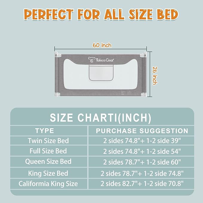 G TALECO GEAR Bed Rail for Toddlers, Stable Protective Bed Side Rails, Baby Bedrail Guard for Twin Full Queen & King Size Bed (60 Inch, 1 Piece)