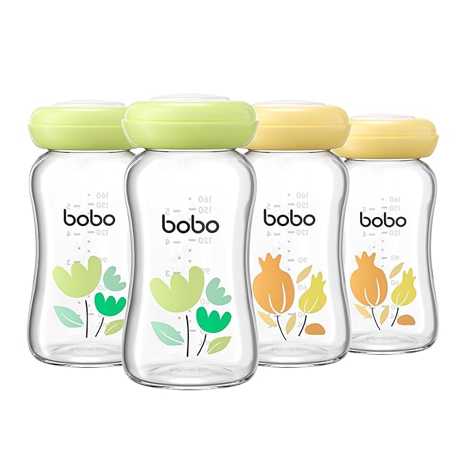 YOHKOH Breast Milk Storage Bottles - Wide Neck Glass Breastmilk Storage Bottles with Lids, BPA-Free (Multicolor1, 5.4oz (Pack of 4))