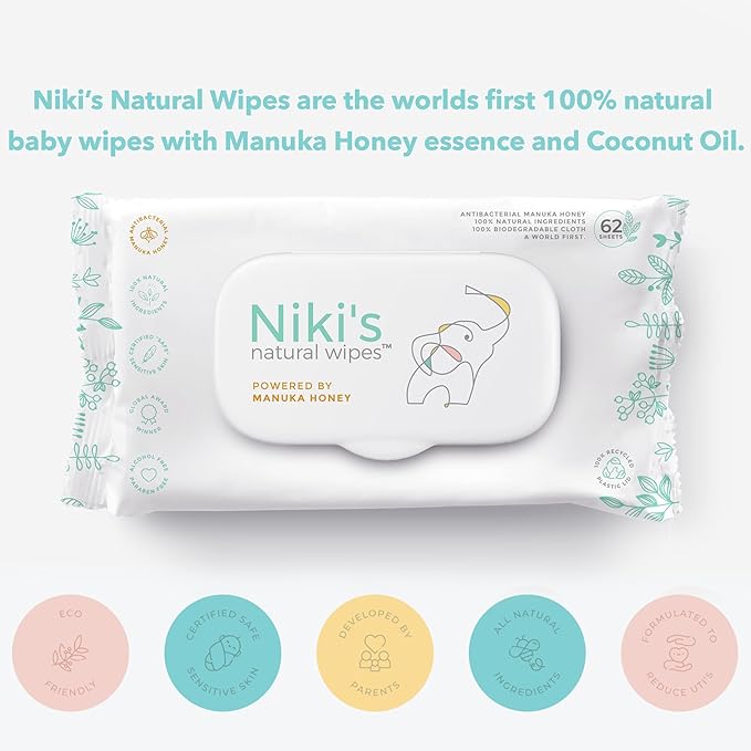 Niki's Natural Baby Wipes | Sensitive Organic Baby Wipes | Made with Manuka Honey and Coconut Oil, No Added Scents | EWG Verified | 744 Wipes (12 Pack x 62 Count Wipes) Baby Wipes Bulk