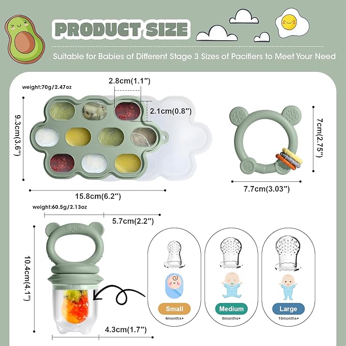 Baby Fruit Food Feeder & Breastmilk Popsicle Molds for Teething Relief, Baby Feeding Sets, 1 Freezer Tray with Lid & 1 Teether Toy & 1 Silicone Teething Pacifier Feeder, Extra Food Pouches (Green)