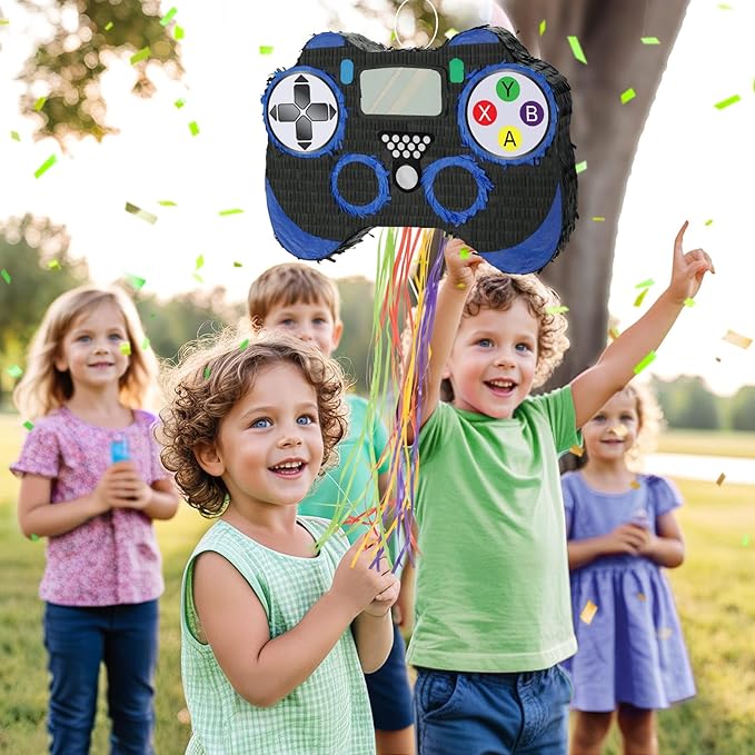 WERNNSAI Video Game Piñata - Game Controller Piñata Bundle with Blindfold and Bat for Boys Kids Piñata Gaming Theme Party Decoration Supplies Pull String Piñata for Birthday Party Celebration Blue