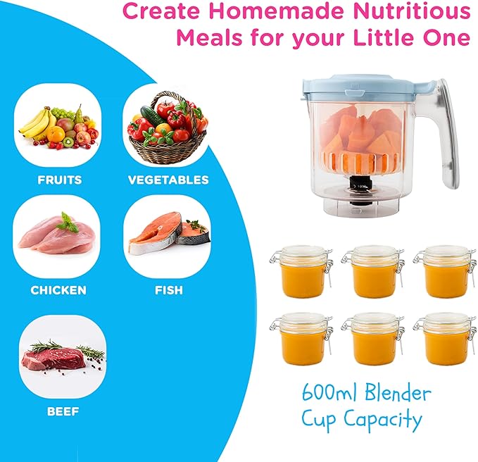 EVLA'S Baby Food Maker, Steamer, Blender, Baby Food Processor for Healthy Homemade Baby Food in Minutes, Touch Screen with 6 Reusable Food Pouches, Baby Registry Essential, Blue