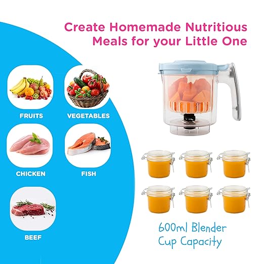 EVLA'S Baby Food Maker, Steamer, Blender, Baby Food Processor for Healthy Homemade Baby Food in Minutes, Touch Screen with 6 Reusable Food Pouches, Baby Registry Essential, Blue