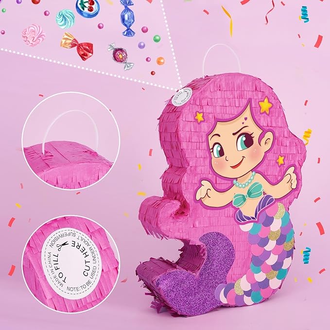 WERNNSAI Mermaid Piñata-Mermaid Party Piñata with Bat and Blindfold for Girls, Kids Birthday Party Games Anniversary Celebration Classroom Activities Mermaid Themed Party Decorations (15.7’’ x 12.2’’)