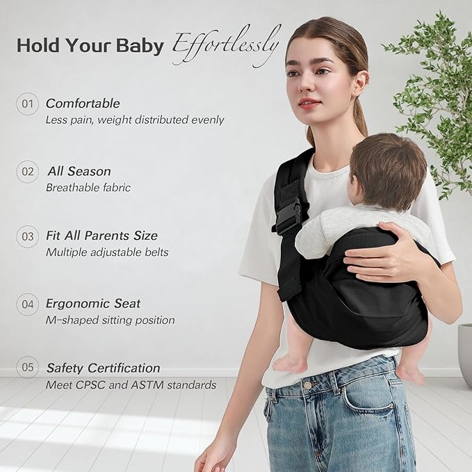 Baby Sling Carrier, Toddler Carrier Sling with Double Safety Buckle and Adjustable Shoulder Strap(7-30lbs), Baby Carriers One Size Fits All, Black