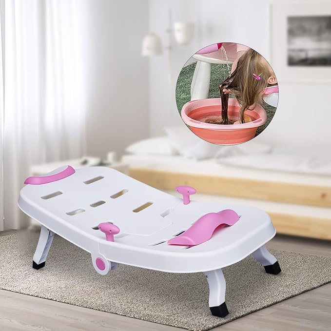Adjustable Children's Shampoo Chair is Suitable for 0-5 Years Old Bath Seat Bathtub Household Foldable Moisture-Proof Clothes Design (Pink+White)