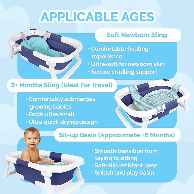 BEBELEH™ Collapsible Baby Bathtub with Thermometer – Bathtub + Baby tub Sling + Newborn Sling – Baby Bathtub Newborn to Toddler 0-24 Months – The Ultimate Baby Bath tub! (with Thermometer,Blue)